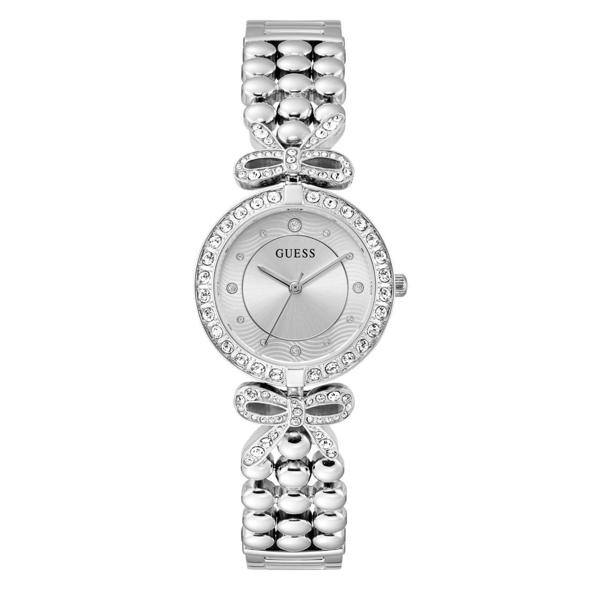 Silver Guess women's watch with crystal bezel and ribbed bead bracelet, full front