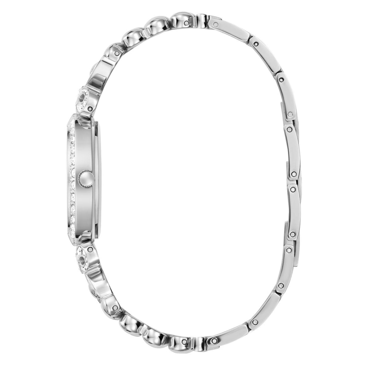 Silver Guess women's watch bracelet and jeweled round bezel, front view