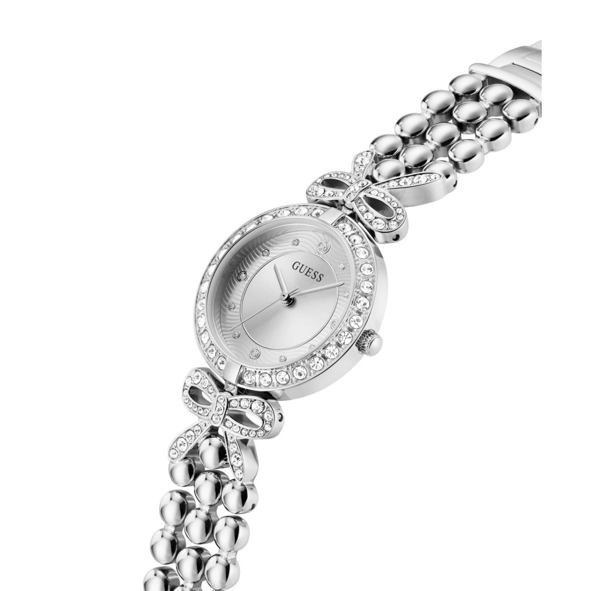Silver Guess women's watch with round dial, crystal bezel, and textured link bracelet