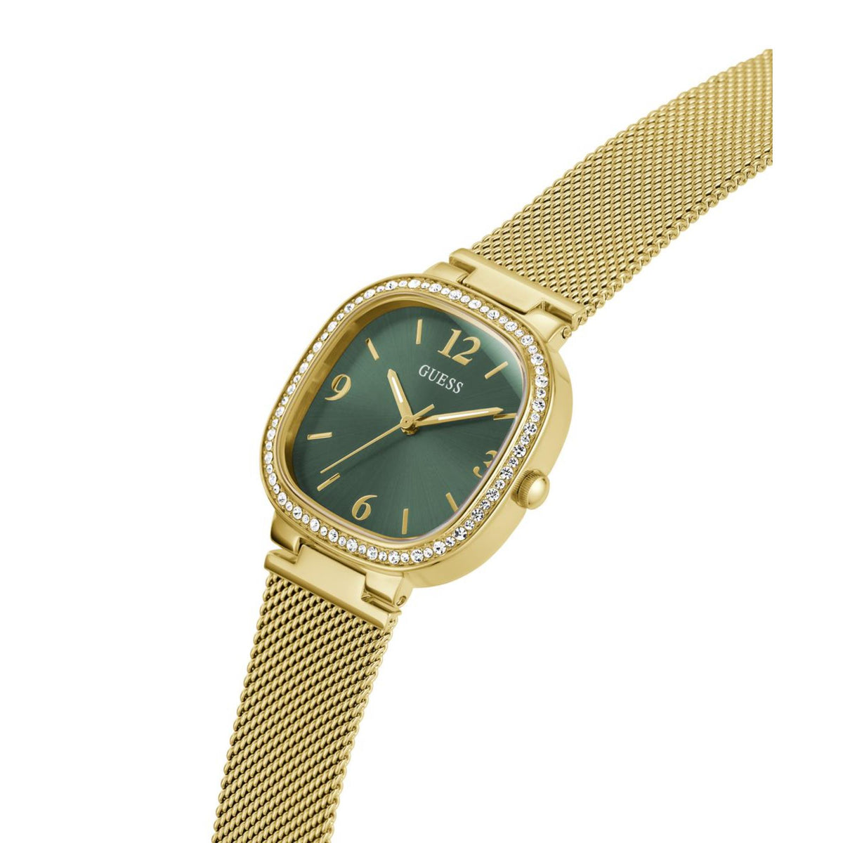 Angled view of gold-tone rounded-square watch with green dial and mesh bracelet