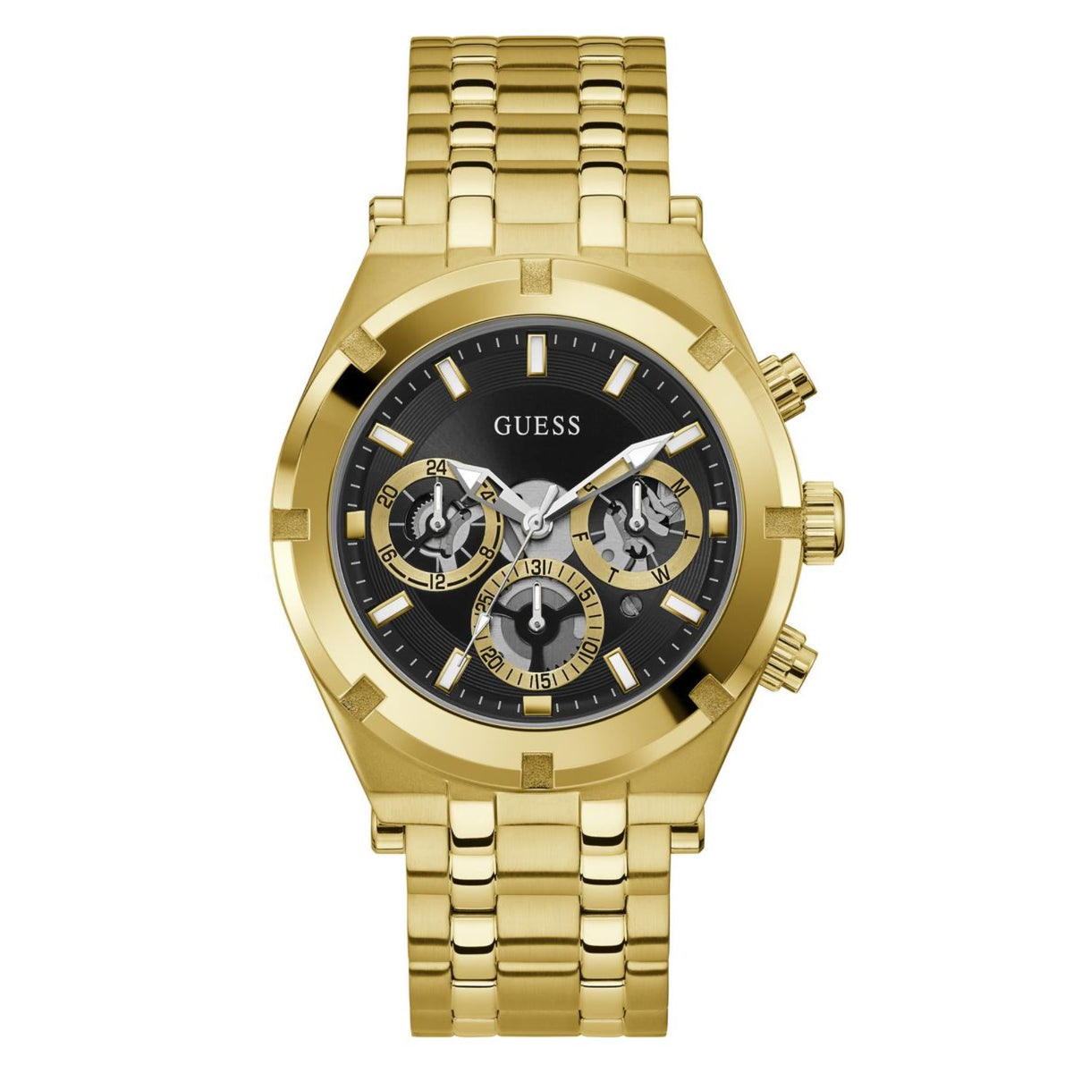 Men's gold-tone watch with black dial, silver hands, and three chronograph subdials