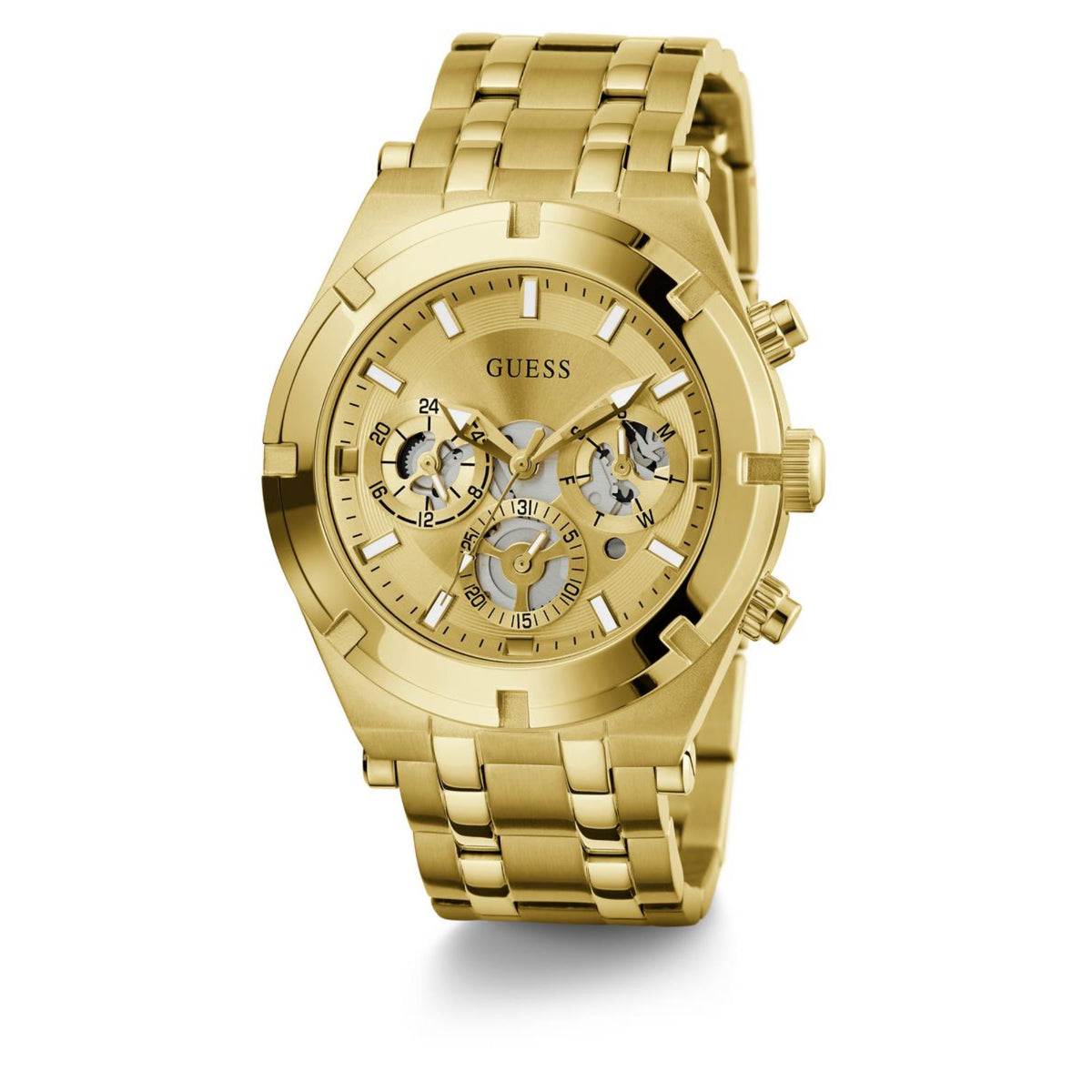 Gold-tone stainless steel men’s watch with skeleton dial, round bezel, and linked bracelet.