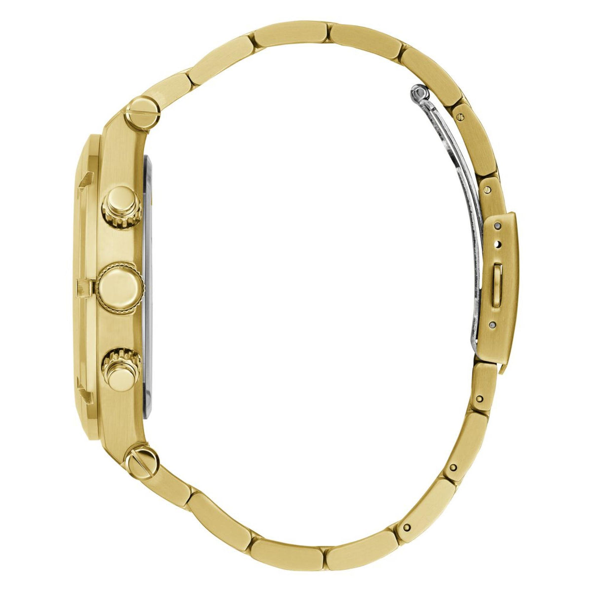Gold-tone men’s wristwatch with stainless steel strap and round case on side profile.
