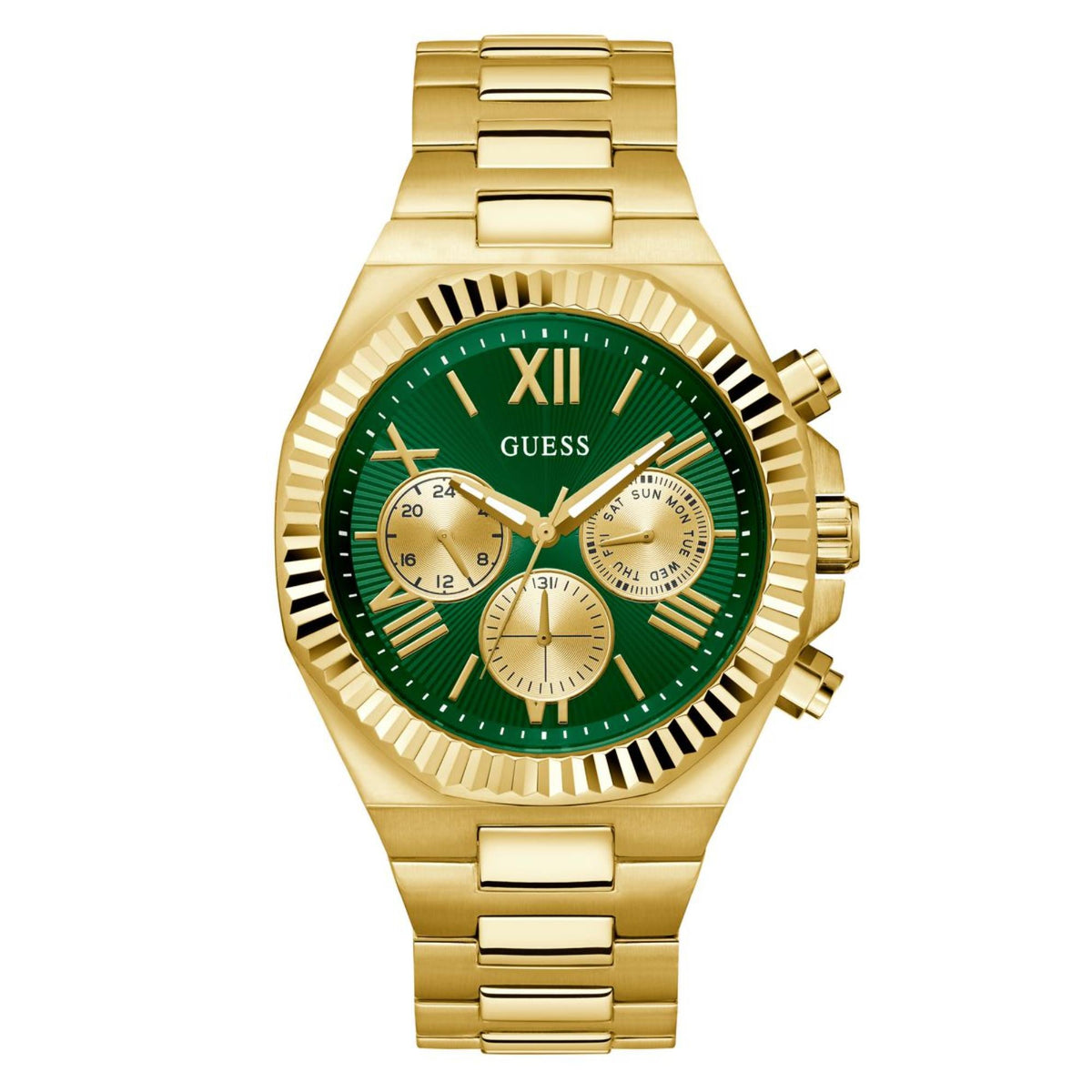 Men's gold-tone stainless steel watch front view with green dial and gold bezel with ridges