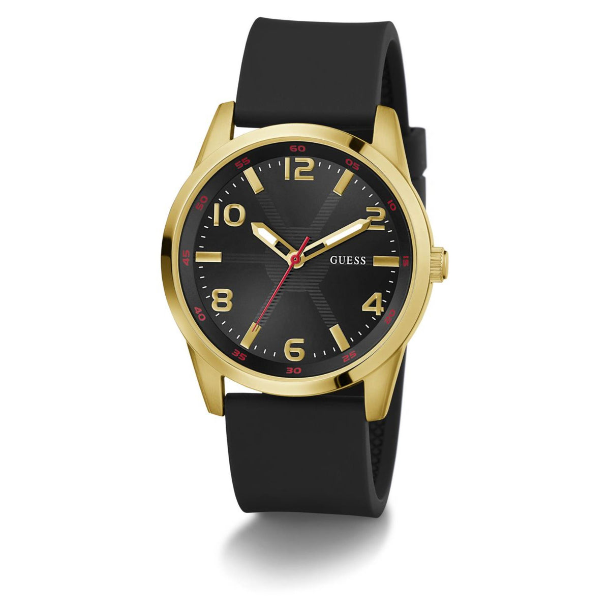 Gold-tone men’s wristwatch with black dial, red accents, and black silicone strap.
