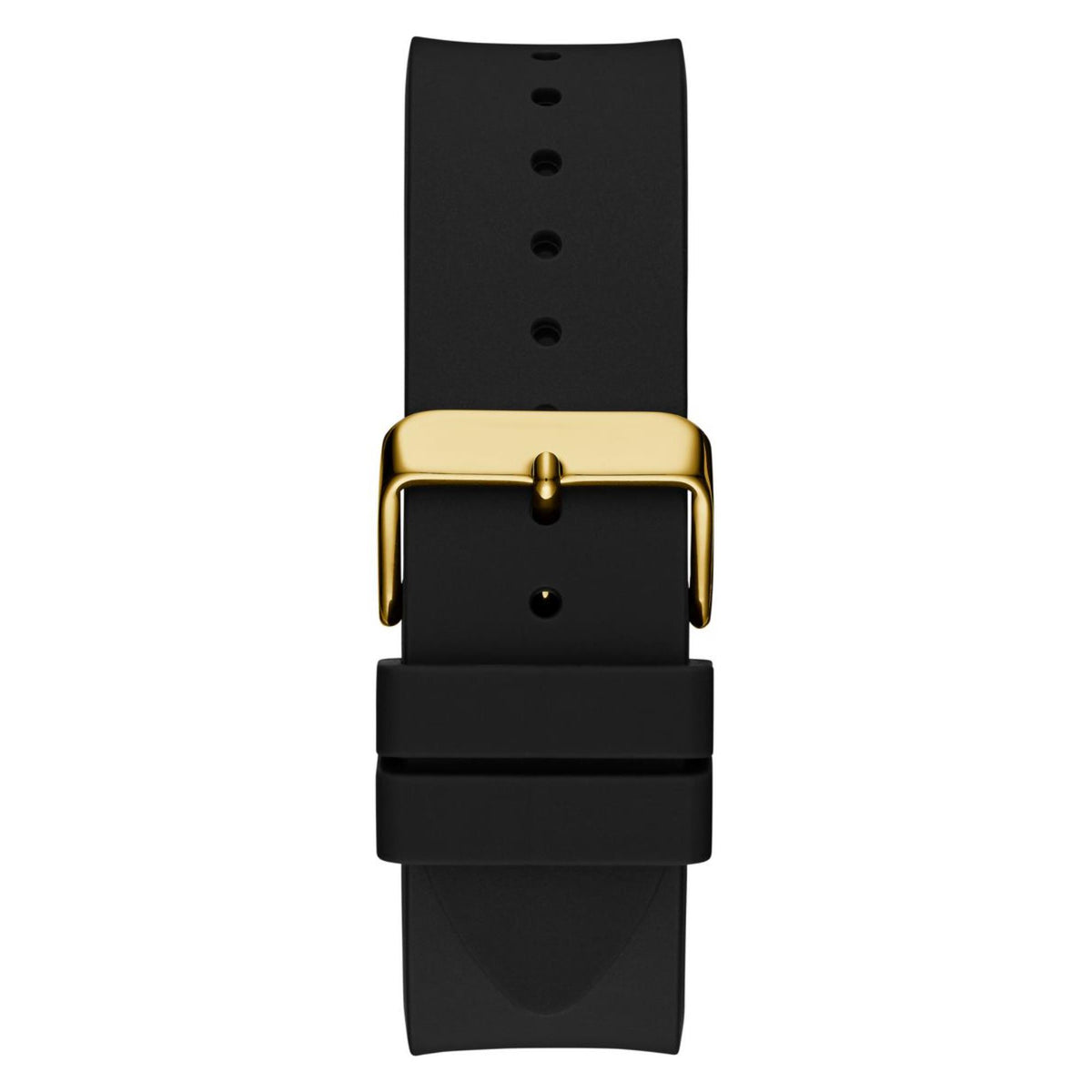 Black silicone watch strap with gold-tone buckle and strap pin holes.