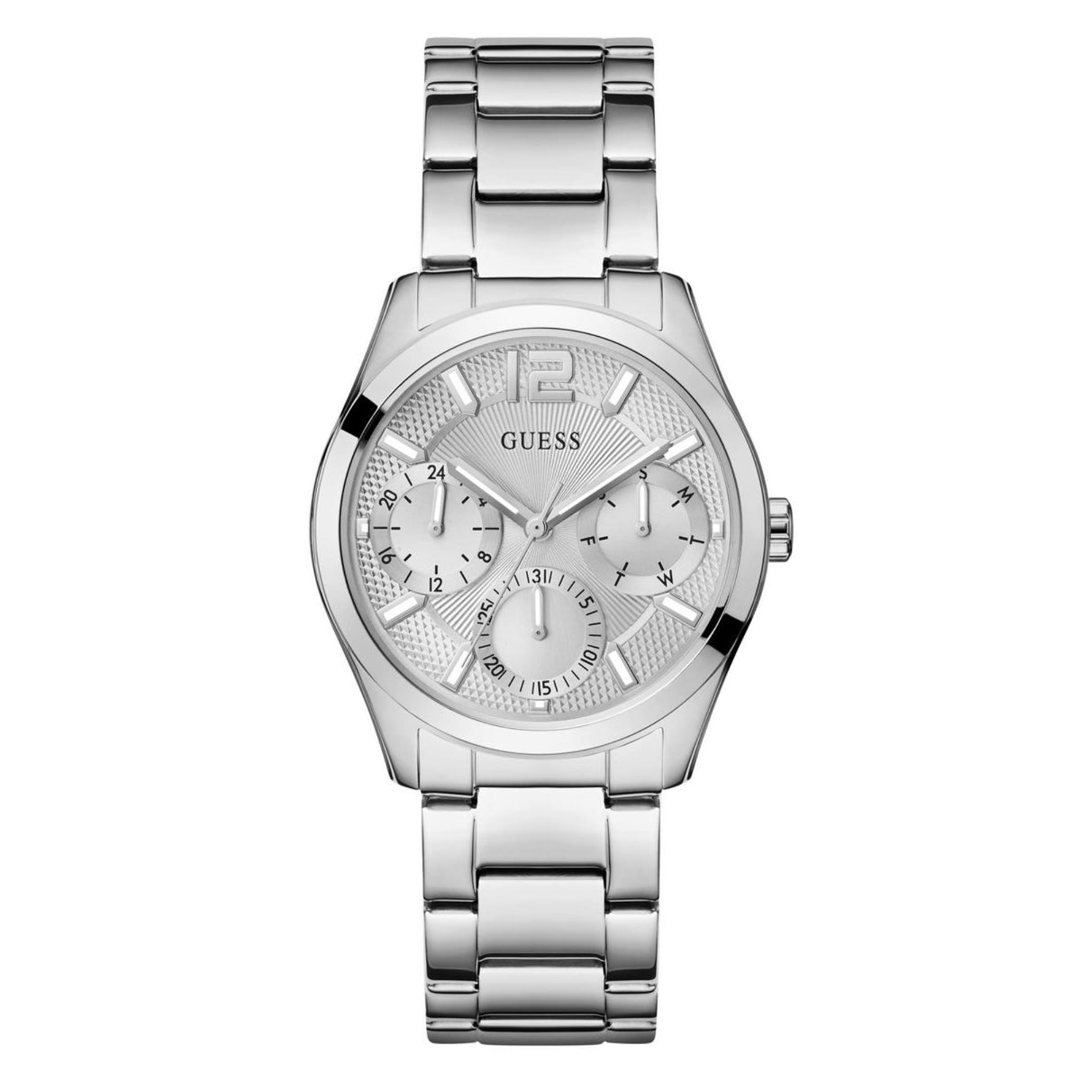 Guess Zoe silver stainless steel women's watch front view with multi-dial silver dial