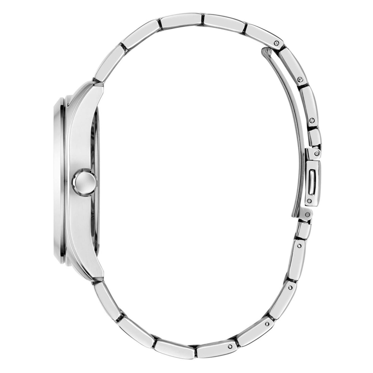 Silver stainless steel watch side view with metal link bracelet and crown