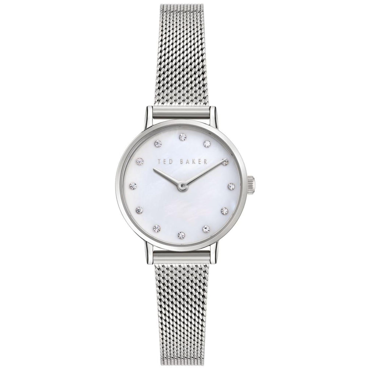 Ladies stainless steel watch with white mother-of-pearl dial, crystal markers, mesh strap