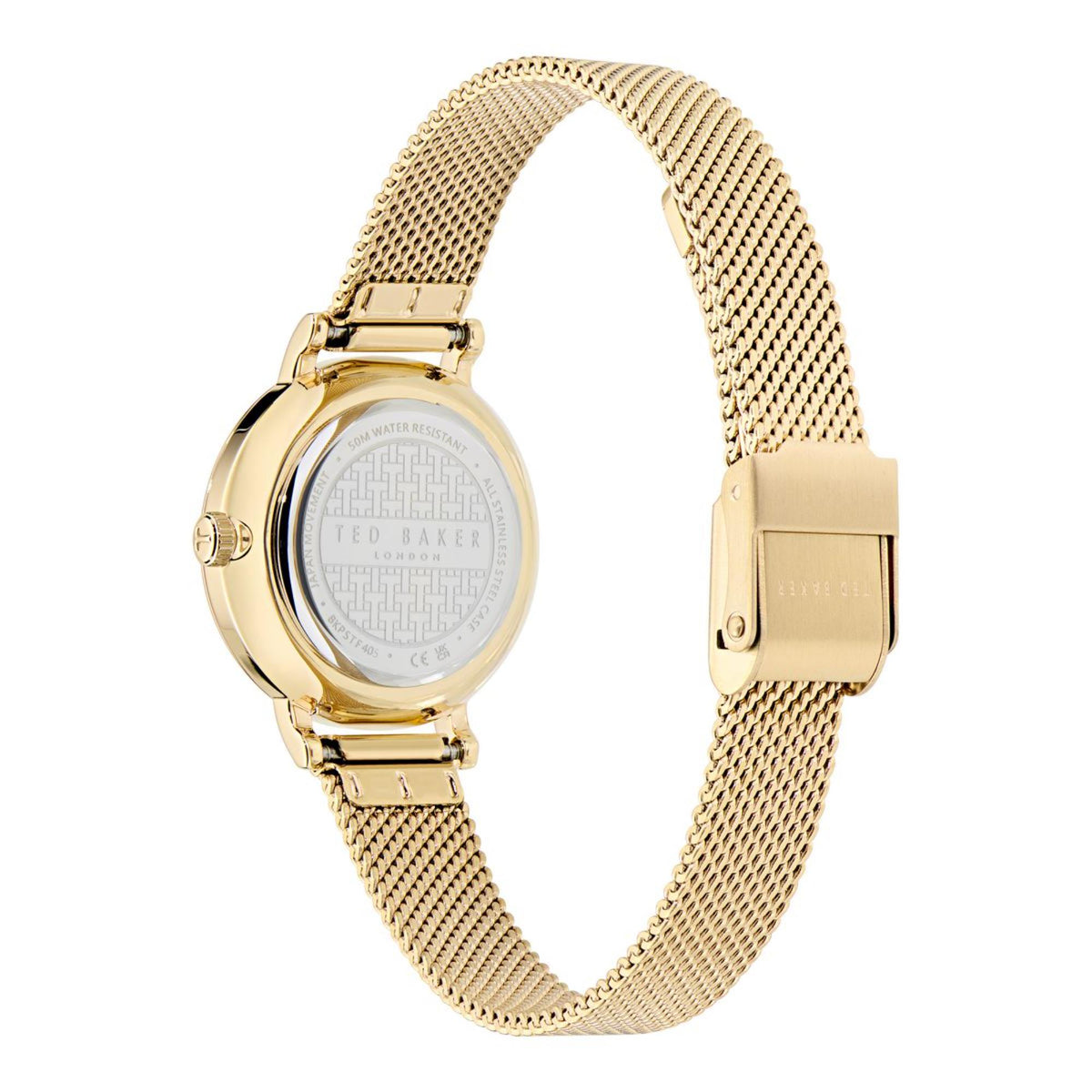 Ladies gold-tone mesh strap watch with round caseback and secure clasp
