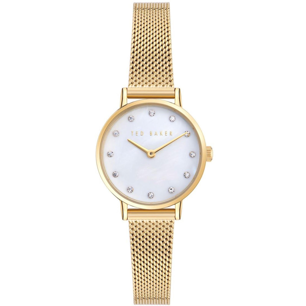 Ladies gold-tone mesh strap watch front view with gold hands and white dial