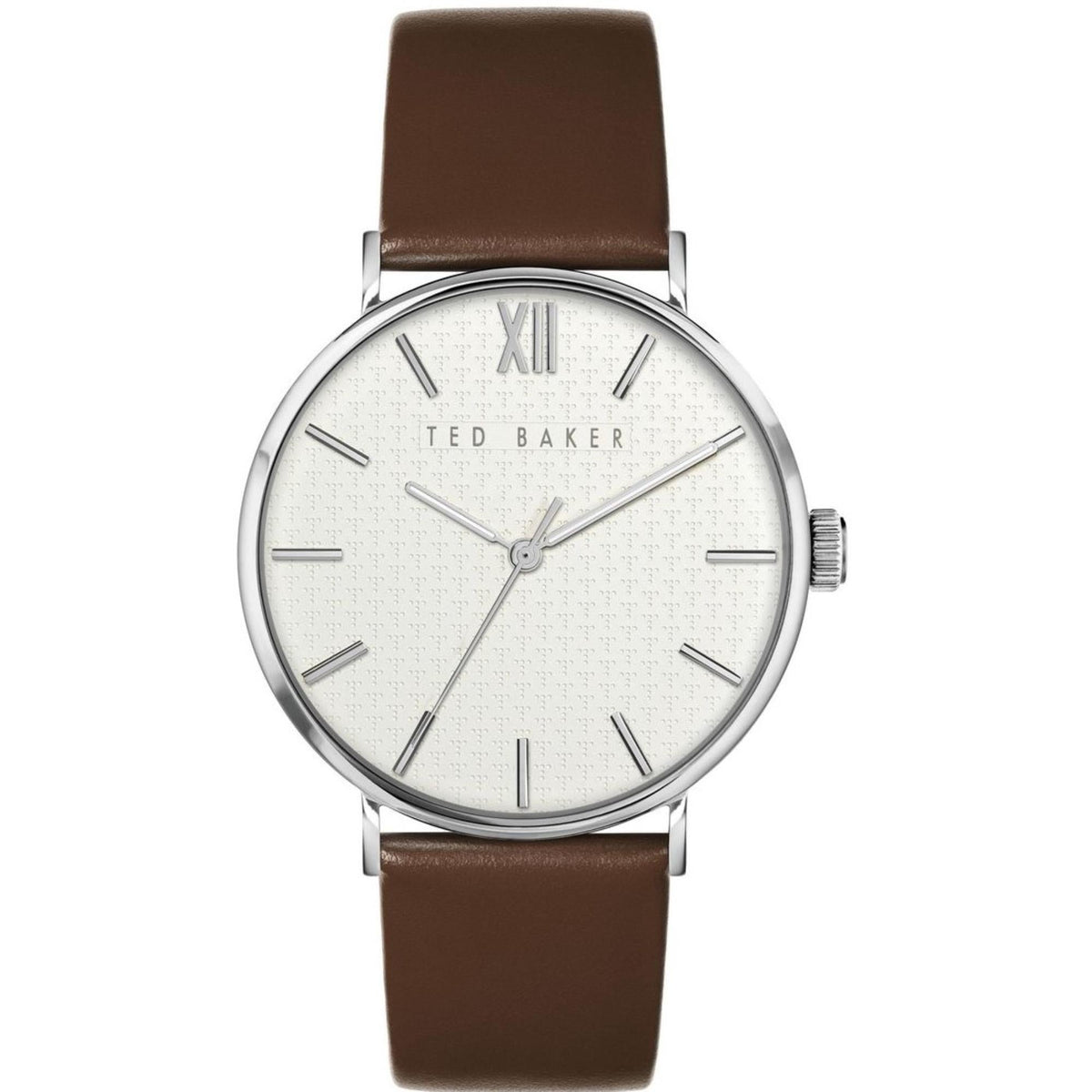 Round watch with white dial and brown leather strap, silver-tone bezel and crown