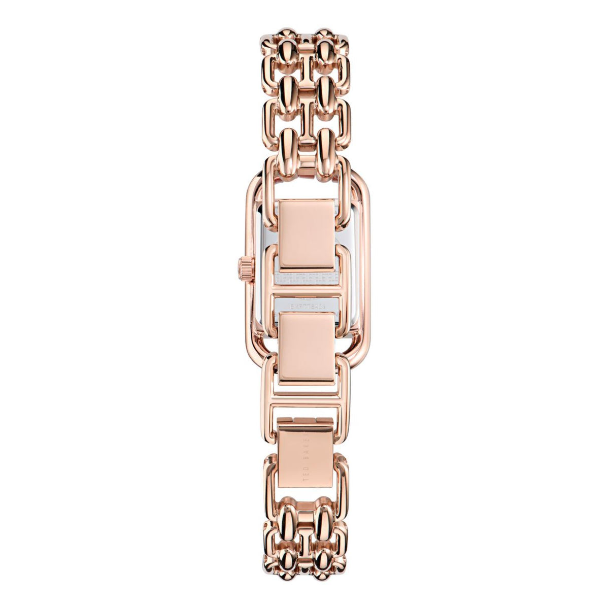 Rose gold tone rectangular ladies watch with stacked rectangular bezels on bracelet
