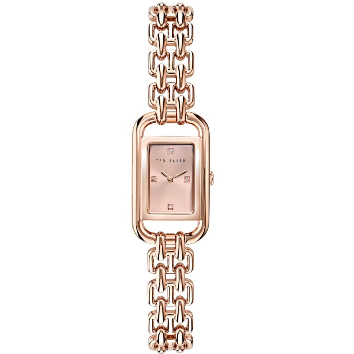 Rose gold tone rectangular ladies watch on linked chain bracelet strap