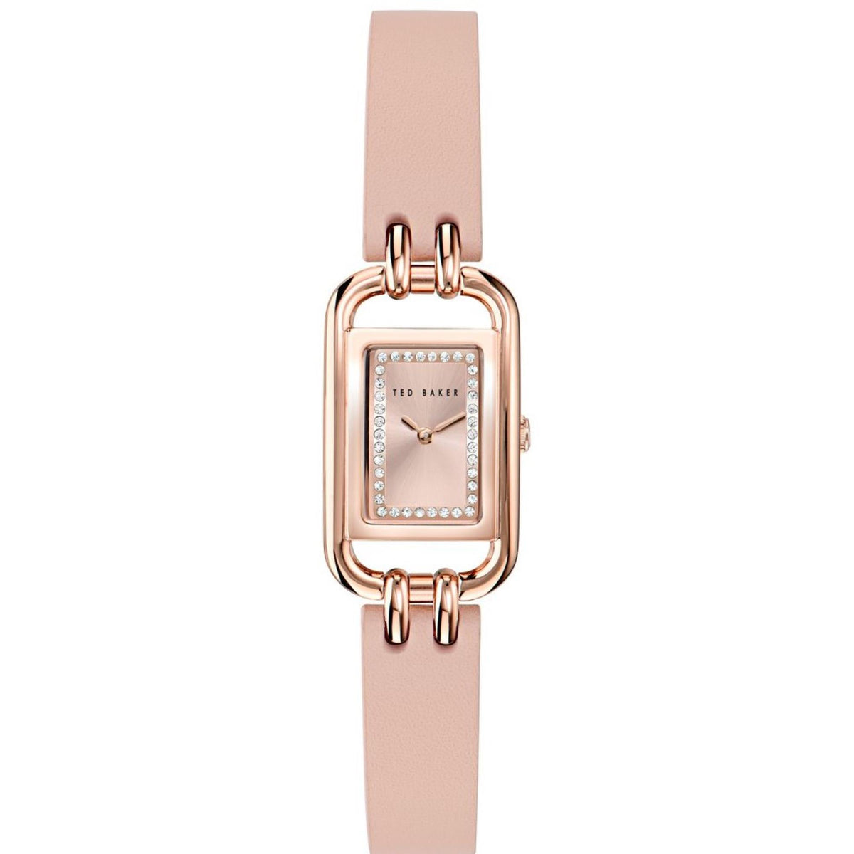 Pink leather strap square rose-gold watch face with crystal bezel and star-shaped hands