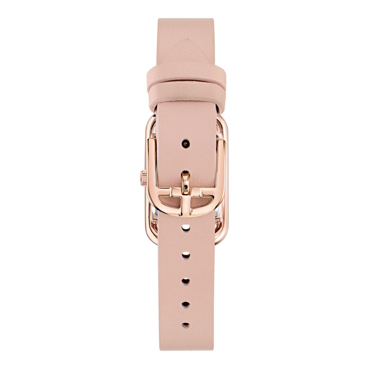 Pink leather strap watch with rose-gold buckle clasp, square case back and pin holes