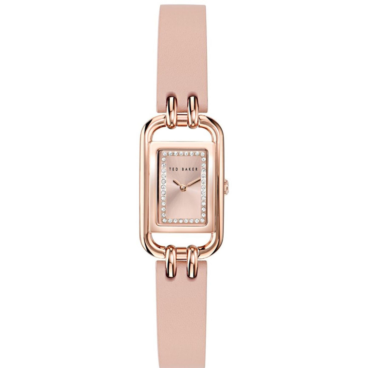 Pink leather strap square rose-gold ladies watch with diamond-like bezel and light dial