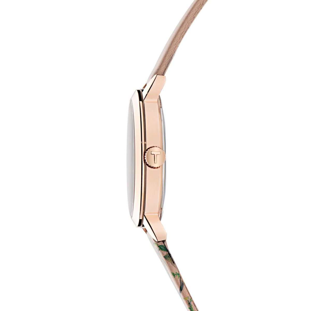 Women’s watch side profile with rose-gold case edge and light pink strap