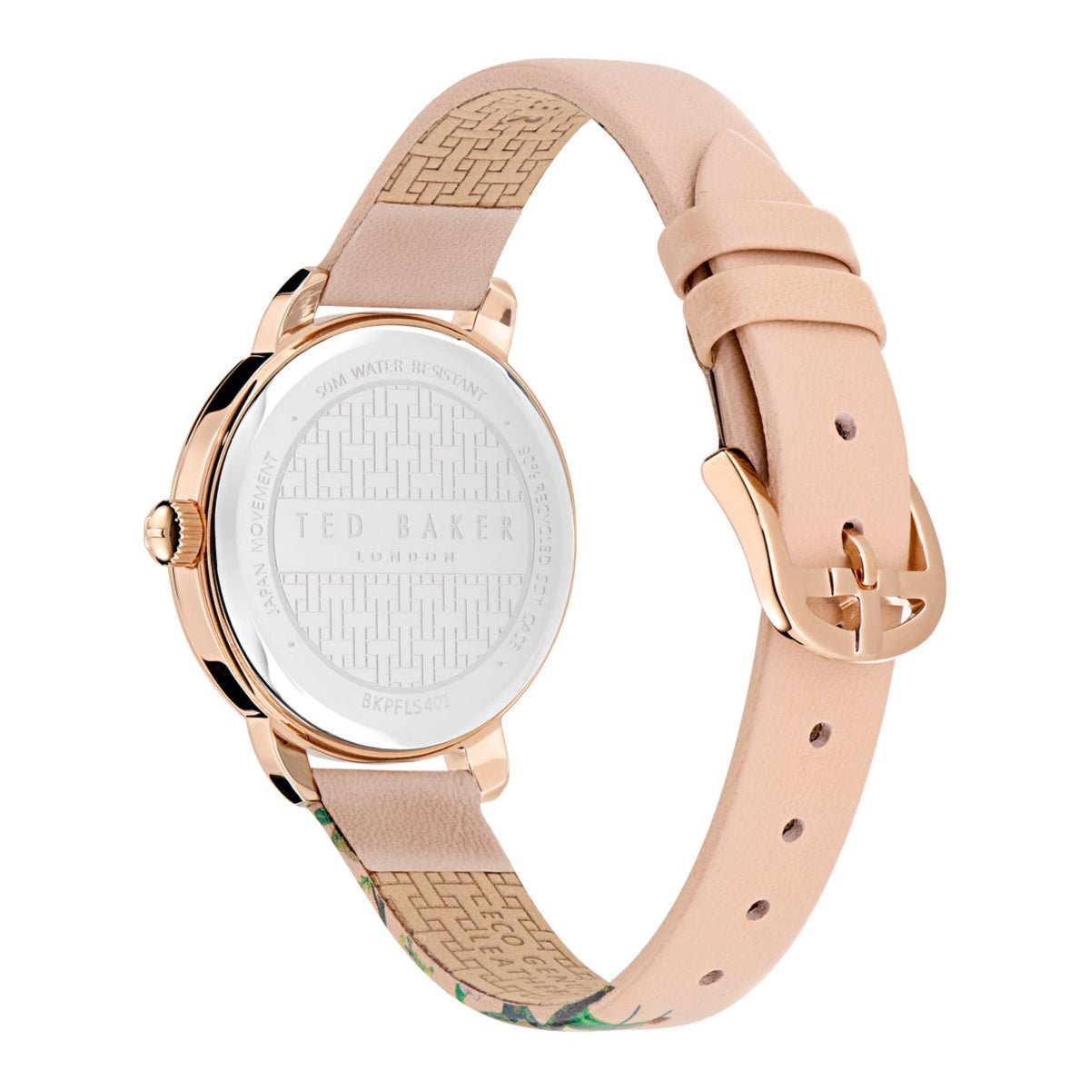 Round ladies watch with white dial, pink leather strap, rose-gold tone case and bezel