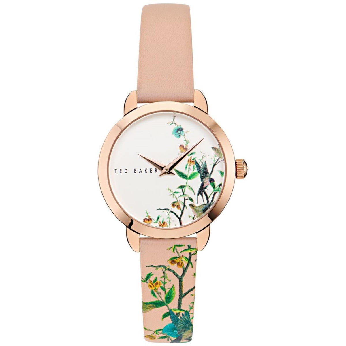 Women’s round watch with rose-gold bezel, floral bird dial, and light pink leather strap