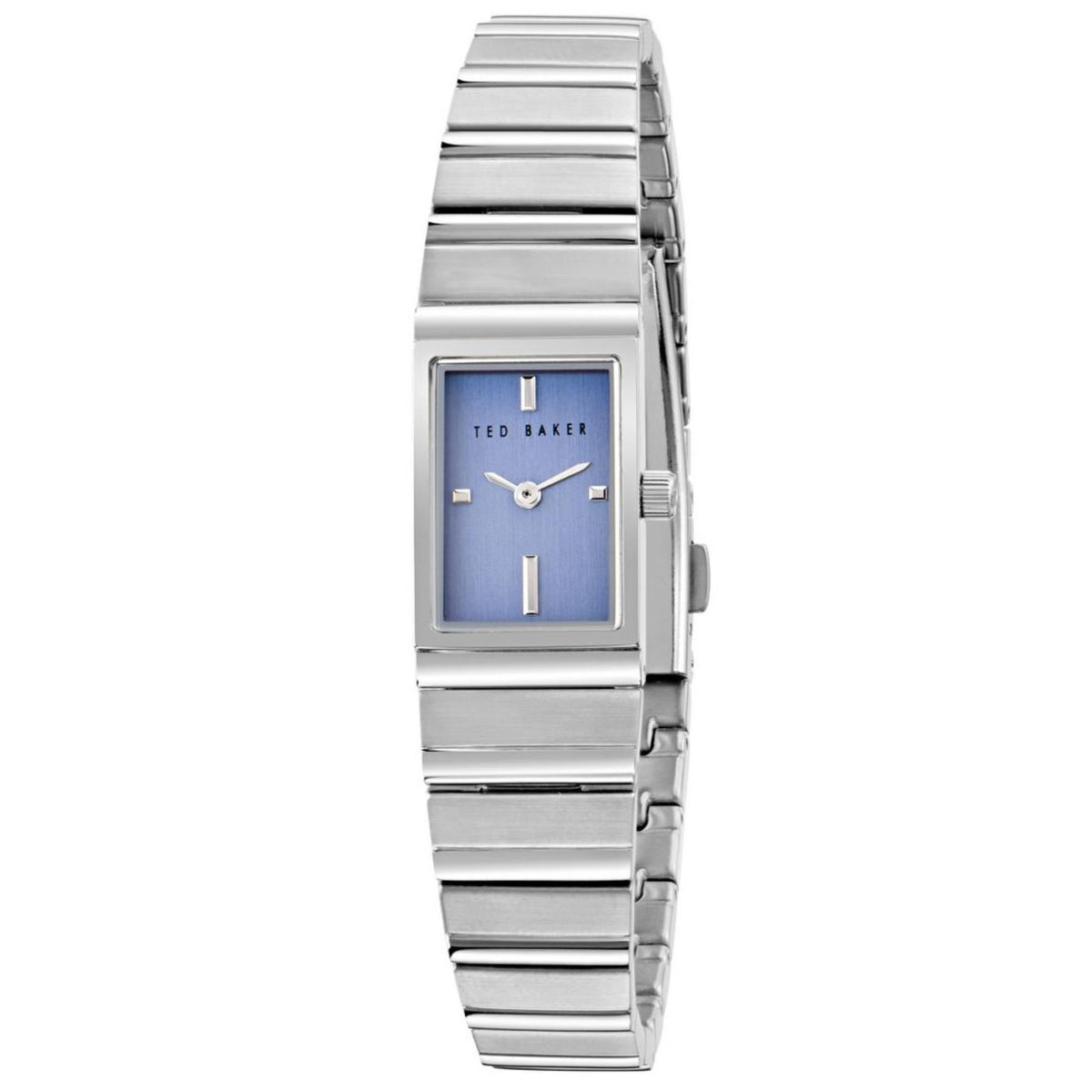 Ladies stainless steel strap watch with blue rectangular dial and silver markers