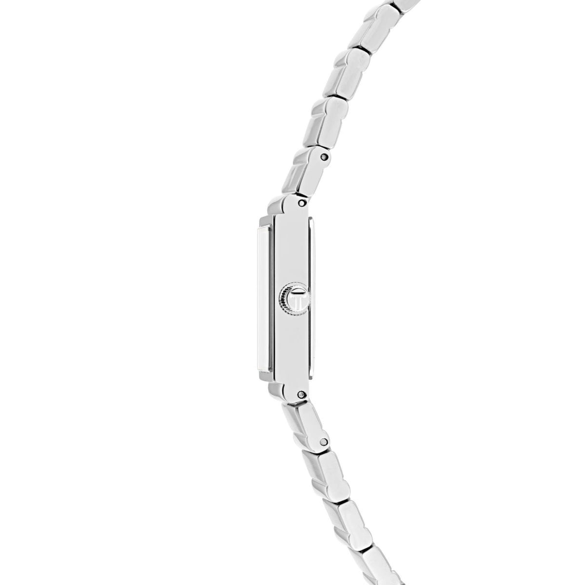 Side view of stainless steel ladies watch with metal link bracelet