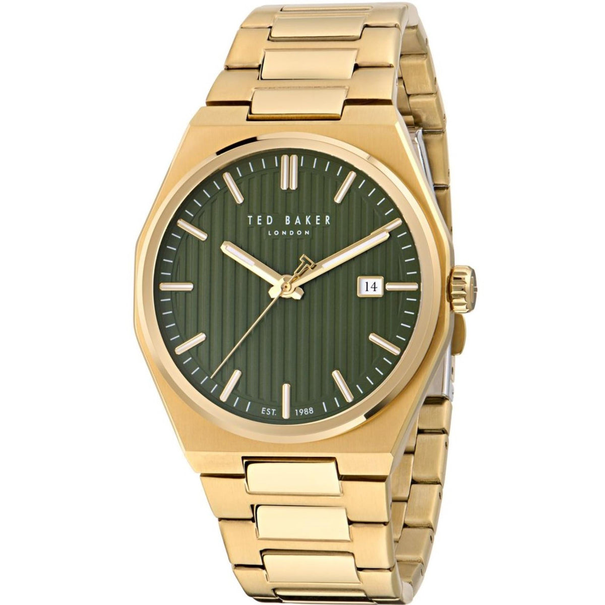 Men's Ted Baker round watch with green textured dial, baton hands, date at 3