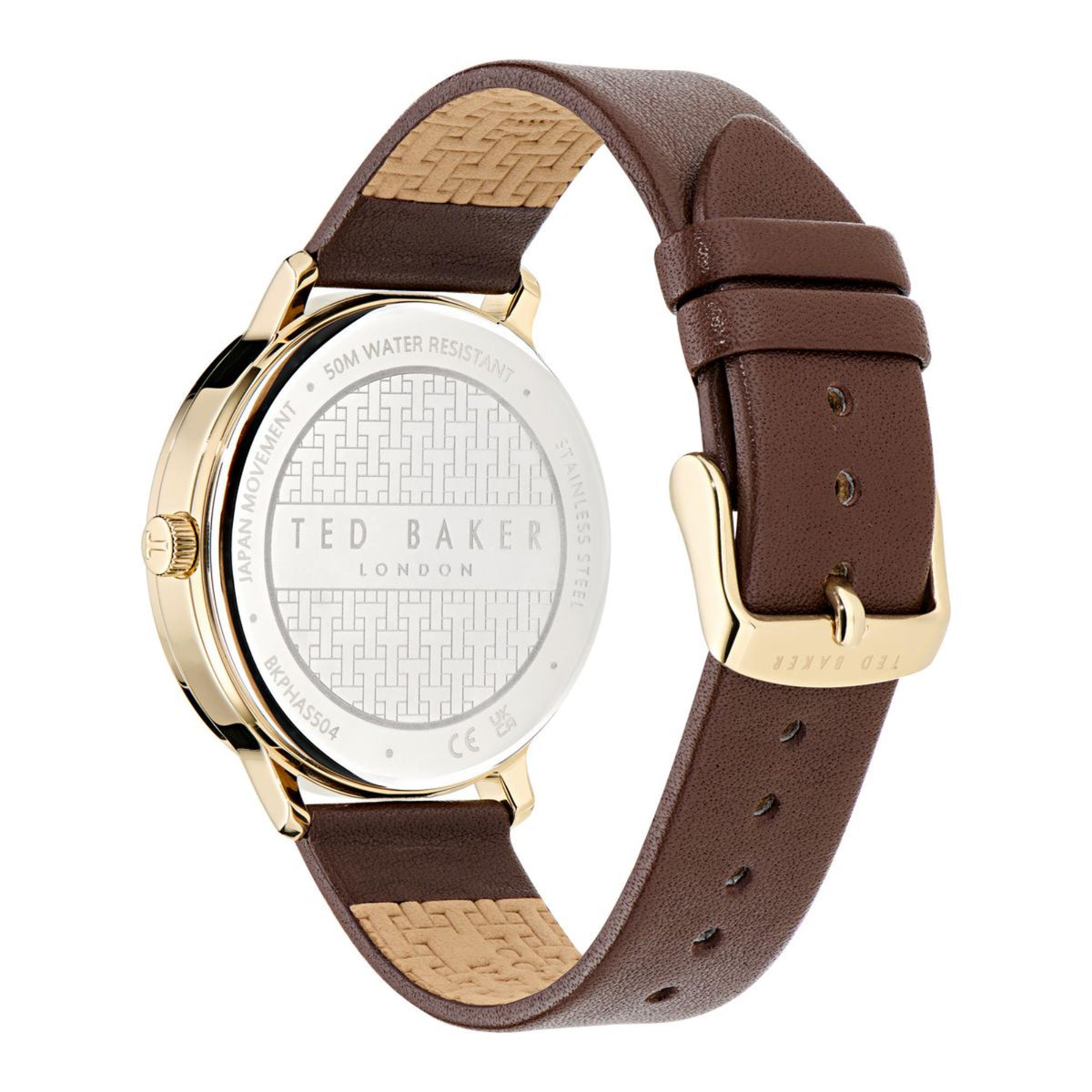 Round men's watch back view with textured white panel and brown leather strap, gold-tone hardware