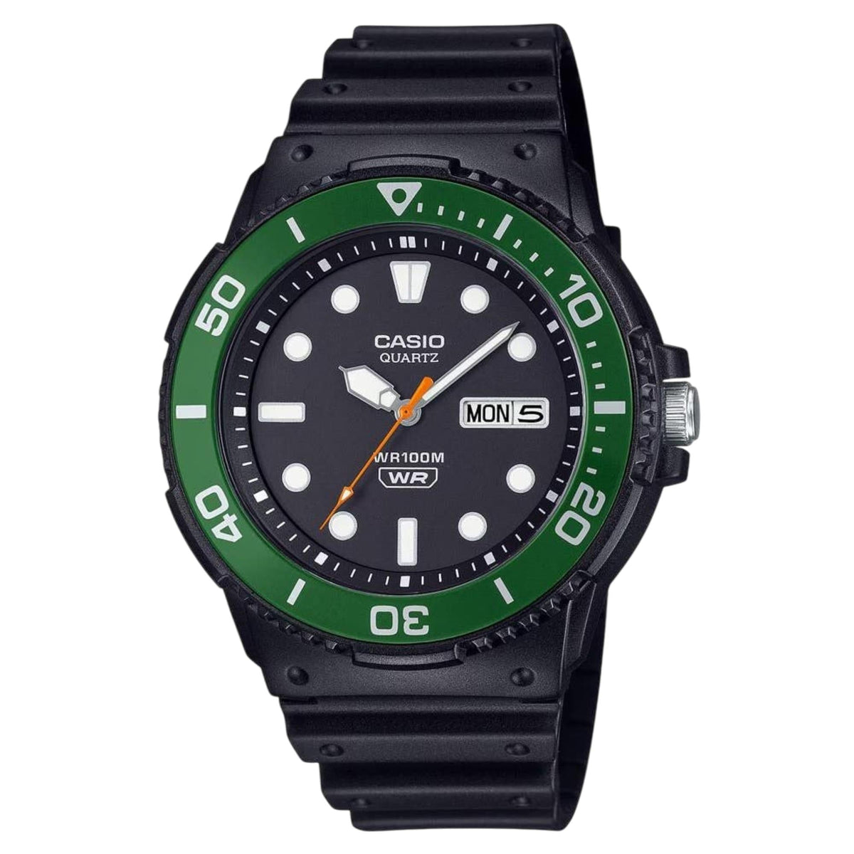 Casio Vintage Diver MRW-230H-1E3VEF black dial mens sport watch showing its 100m water resistance and durable strap