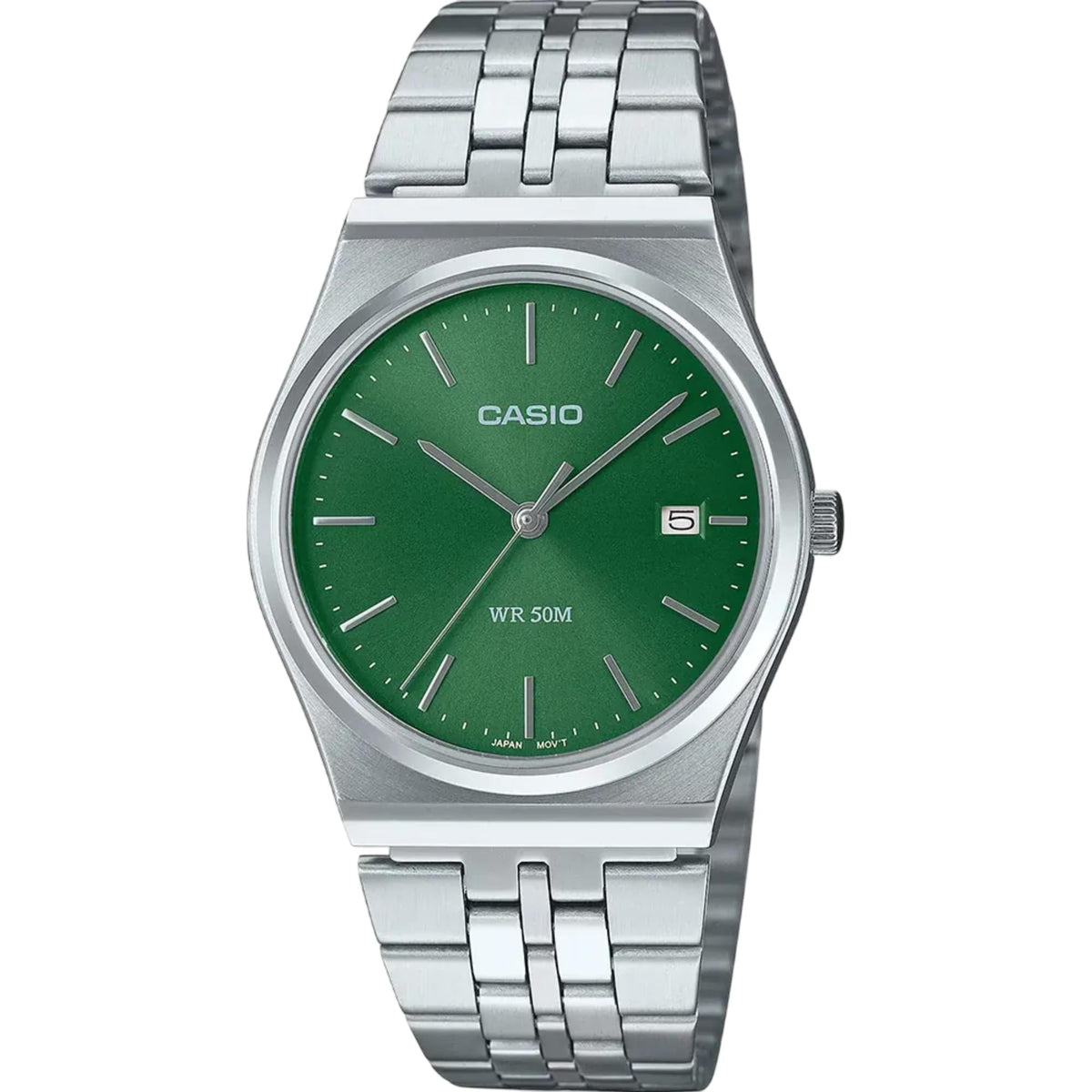 Front view of the Casio MTP Series MTP-B145D-3AVEF mens watch with a green dial, silver case, date display, and stainless steel link bracelet