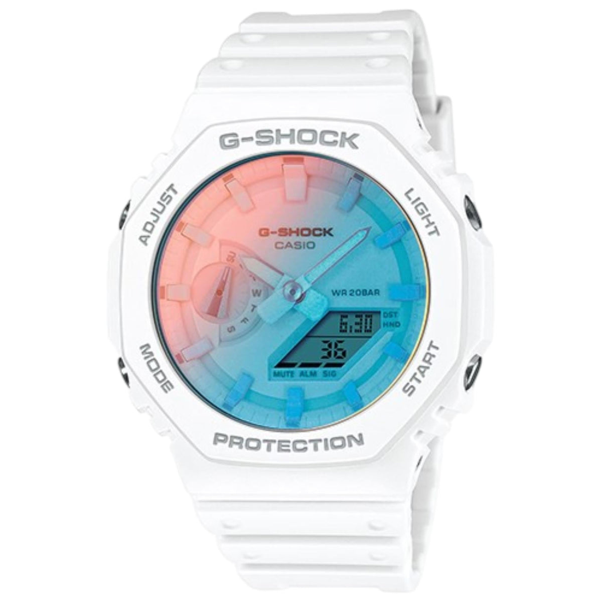 Men's Casio G-Shock digital watch with white resin strap, blue dial and LCD