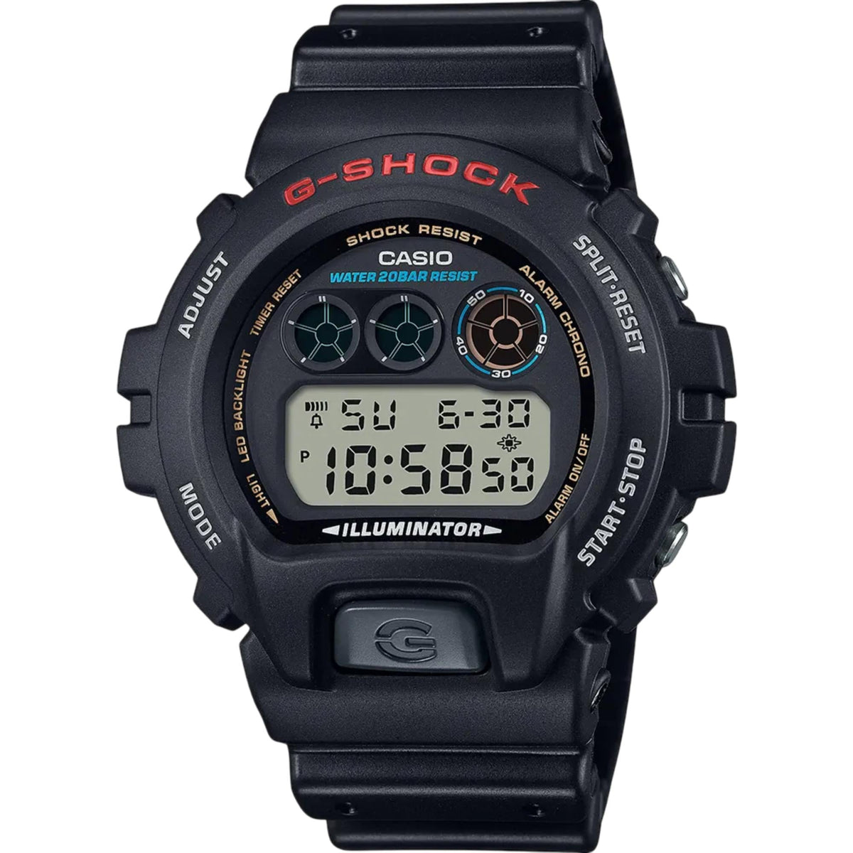 Men's black digital resin watch front view with sub-dial graphics and LCD time display