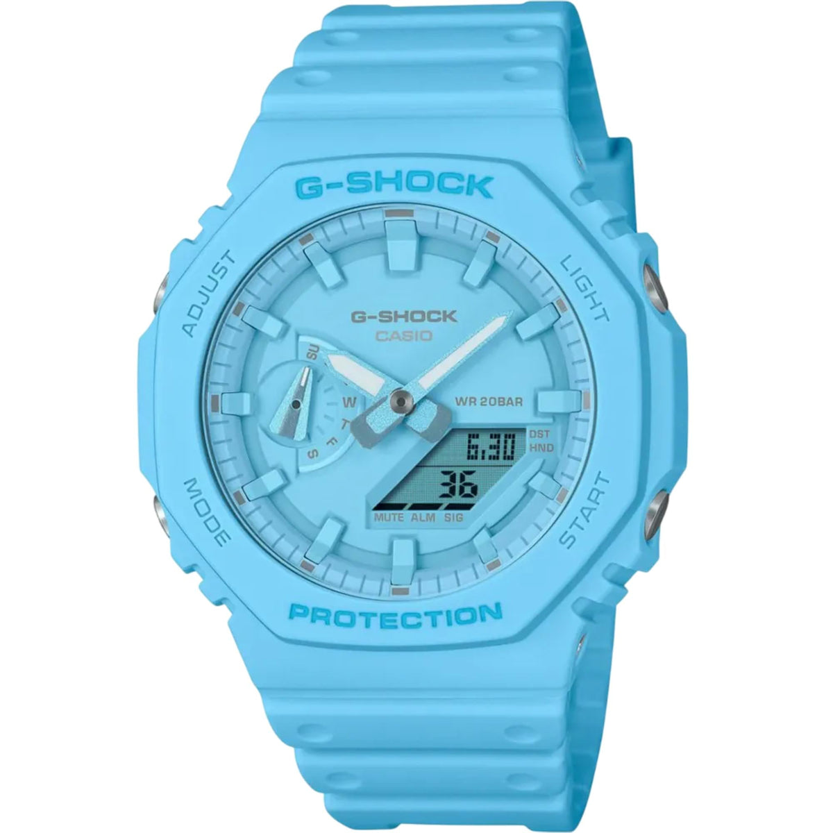 Blue G-Shock digital watch with square dial, logos and digital time display