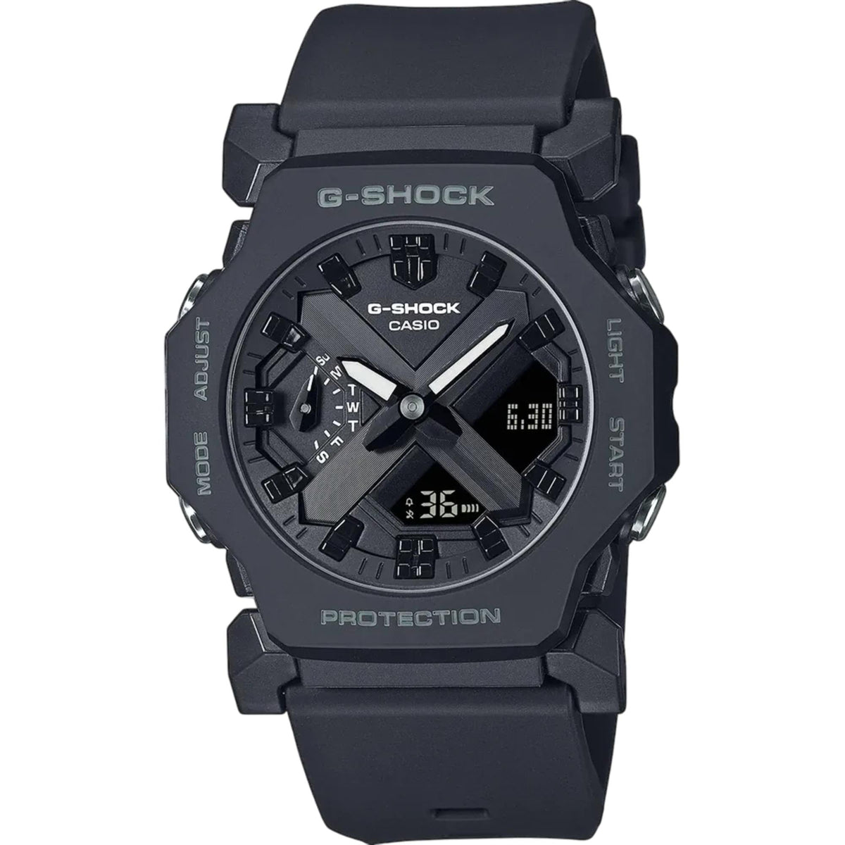 Casio G-Shock Core GA-2300-1AER clean front shot detailing the black case, bezel text, and face layout