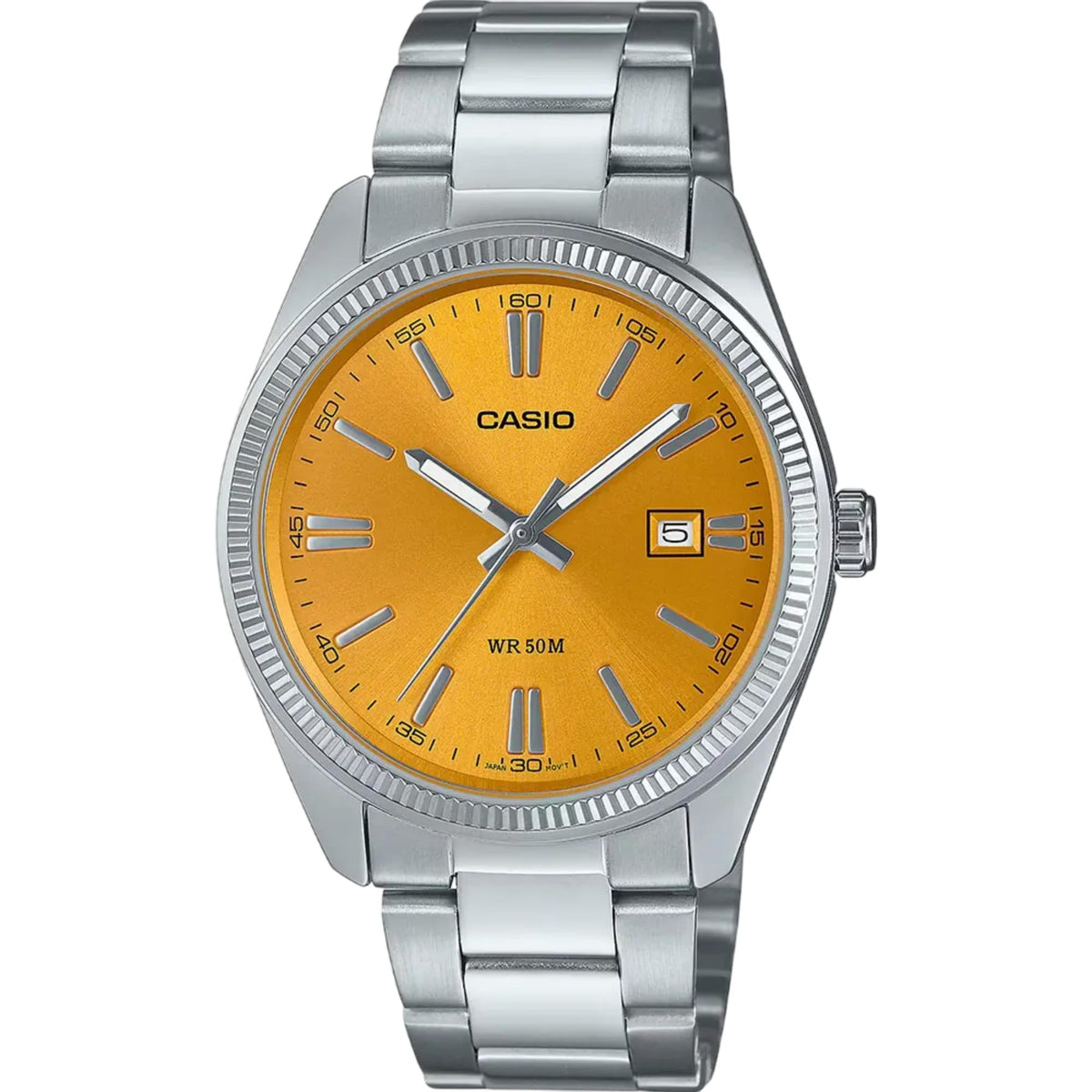 Men's analog steel watch with yellow dial and silver bracelet, date window at 3