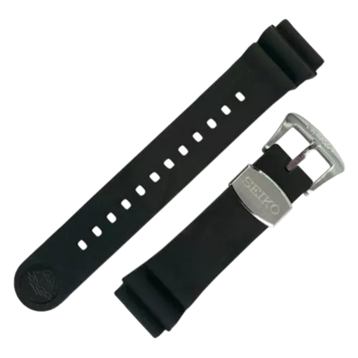 Seiko Prospex R02F011J0 stainless steel buckle and engraved silver keeper close up