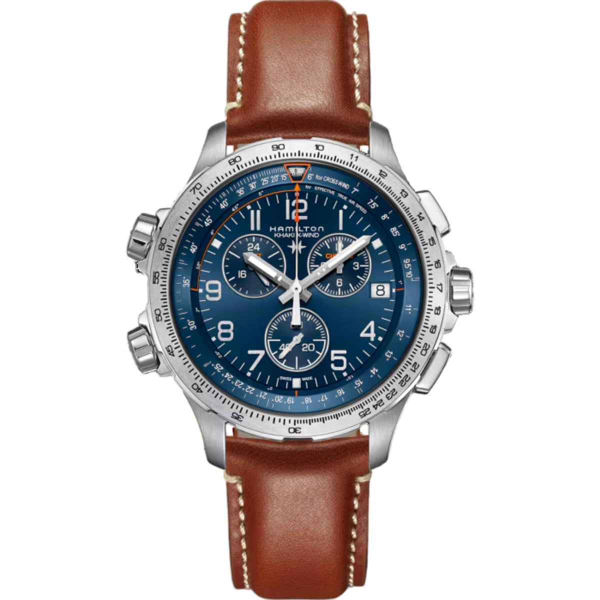 Aviation quartz watch front view with blue dial, steel case, brown leather strap, round bezel