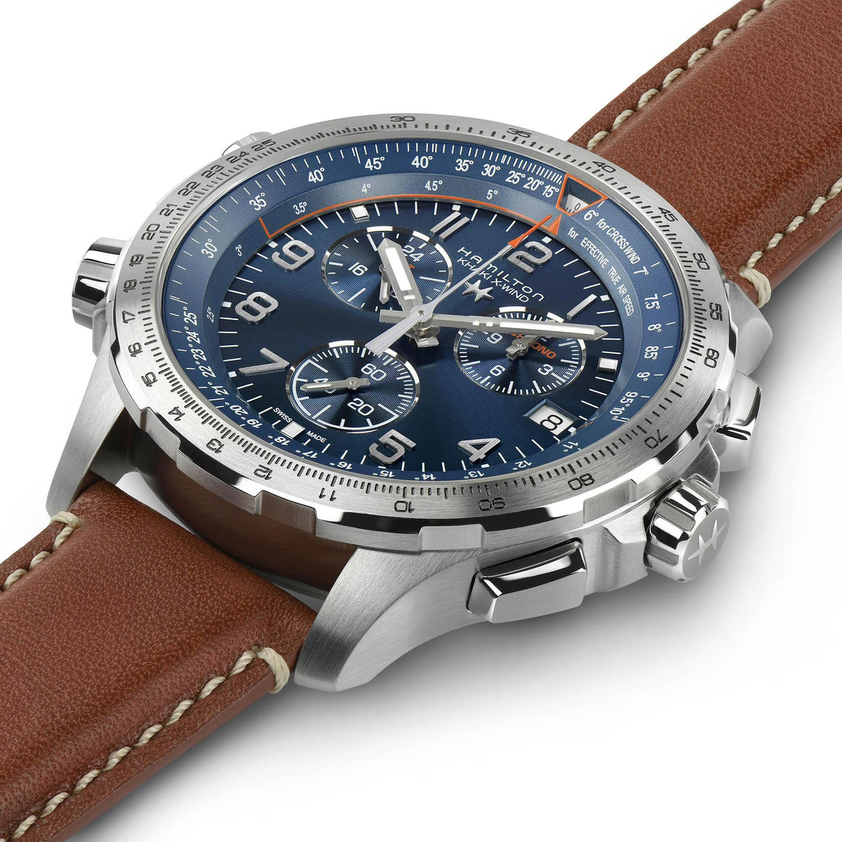 Men's quartz watch with blue dial, silver case, and brown leather strap.