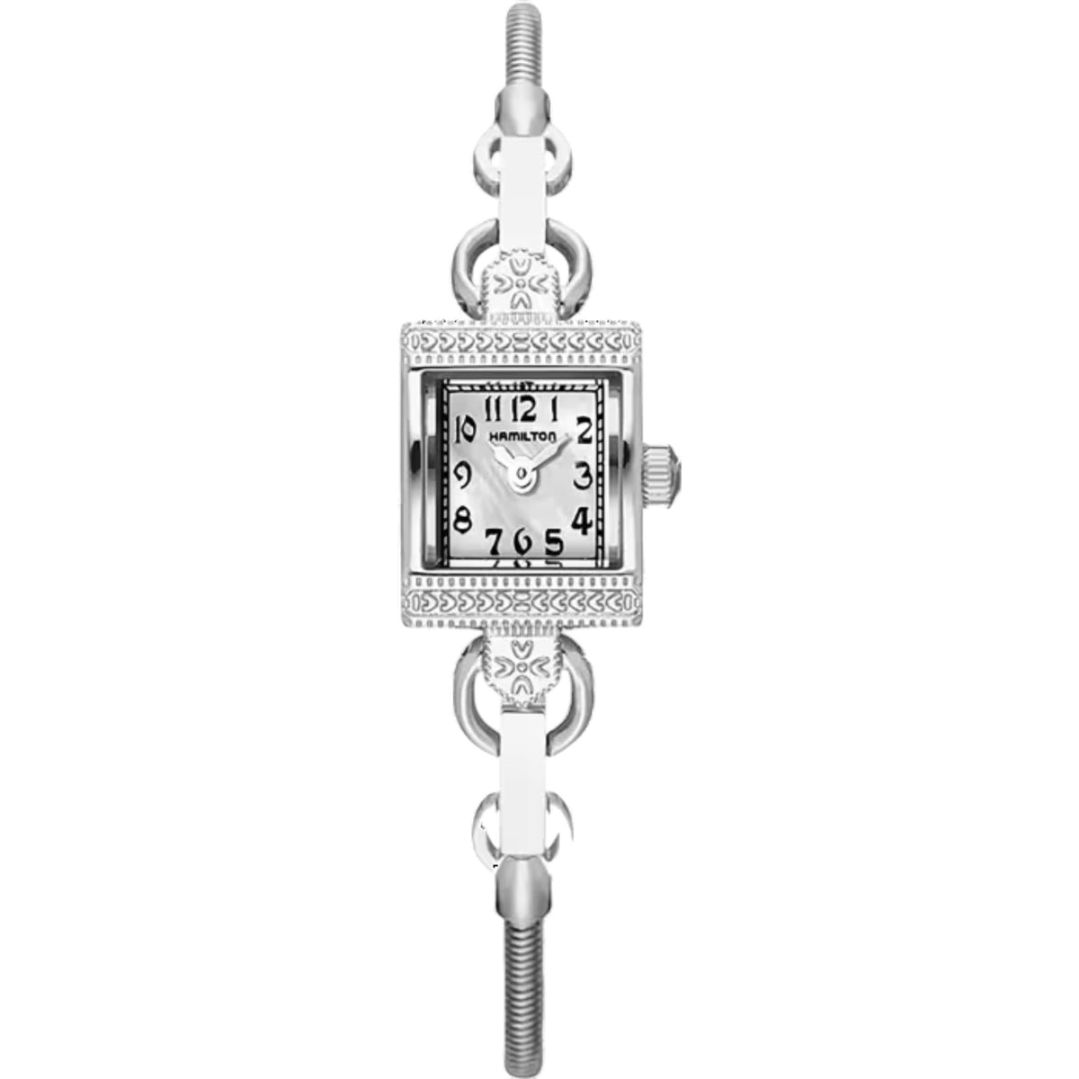 Silver-tone steel ladies quartz watch with engraved frame and black dial