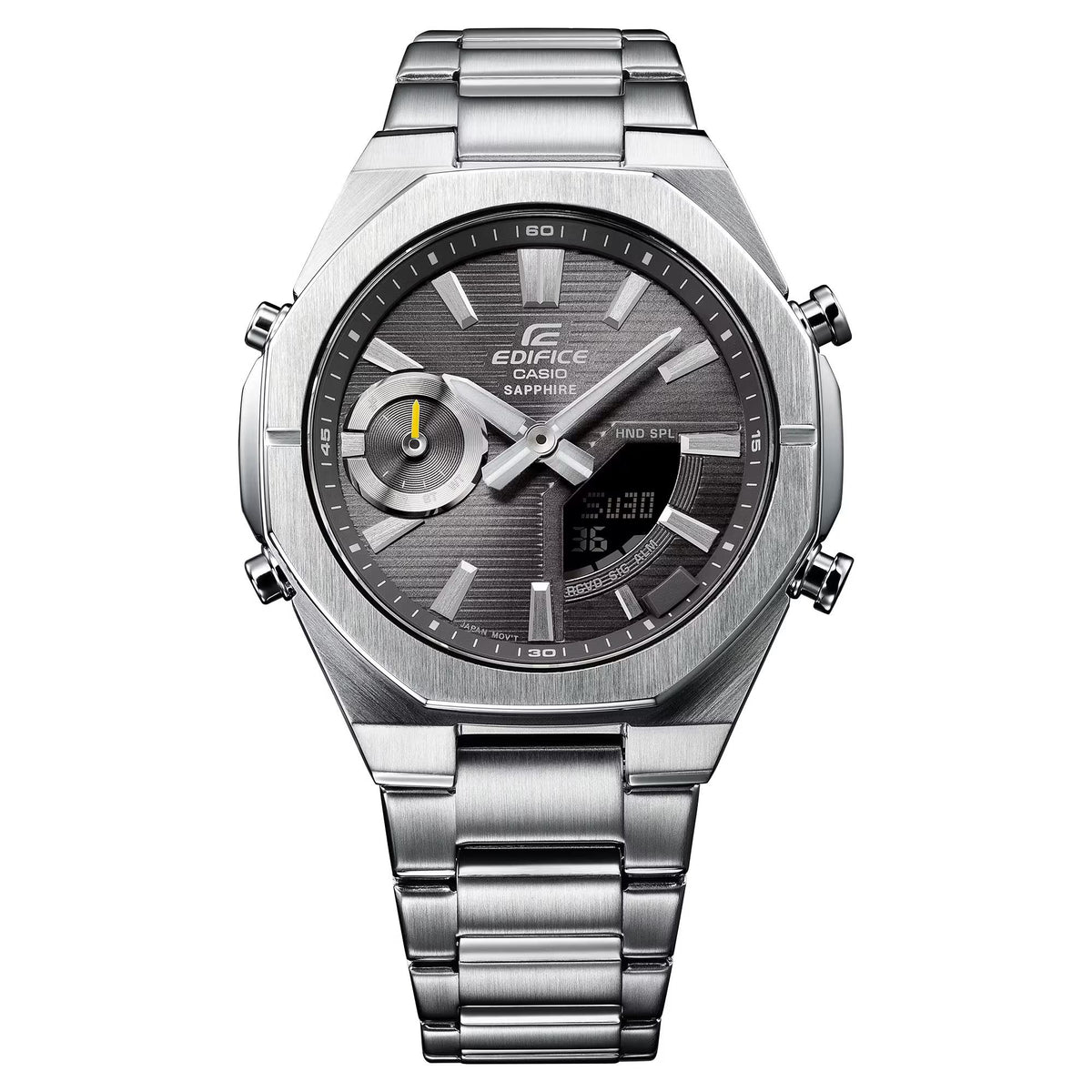 Men's solar wristwatch with grey dial, stainless steel bracelet, and round bezel.