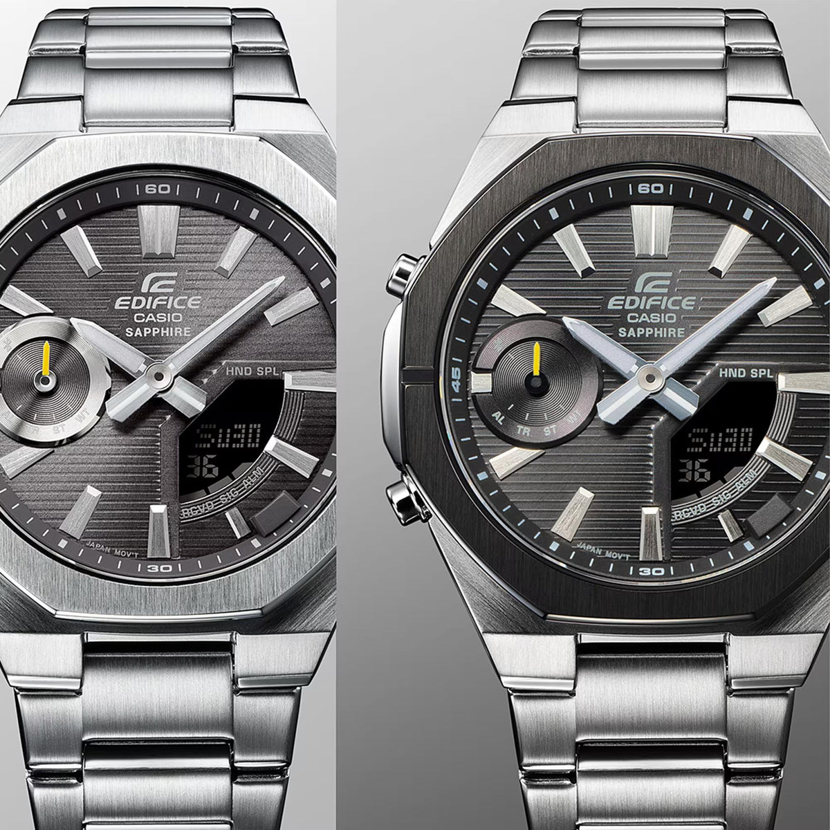 Men's solar wristwatch front views showing grey dial and stainless steel bracelet.