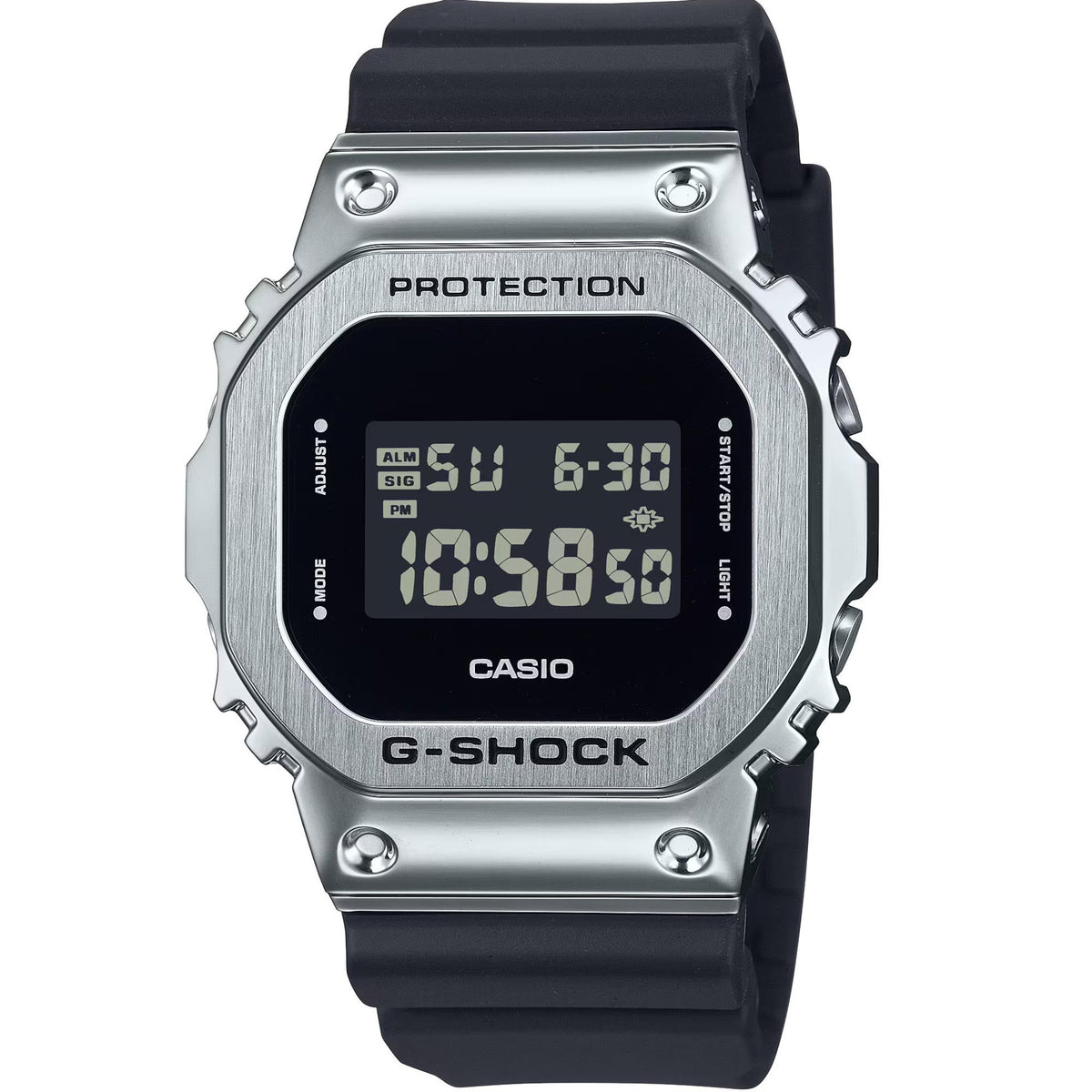 Casio G-Shock digital resin watch with black strap and silver bezel, showing time/date