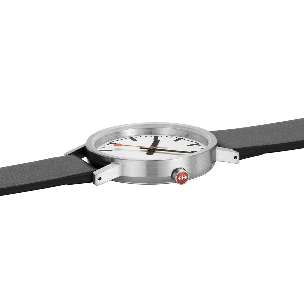 Quartz wristwatch with white dial, silver bezel, and black leather band with metal clasp