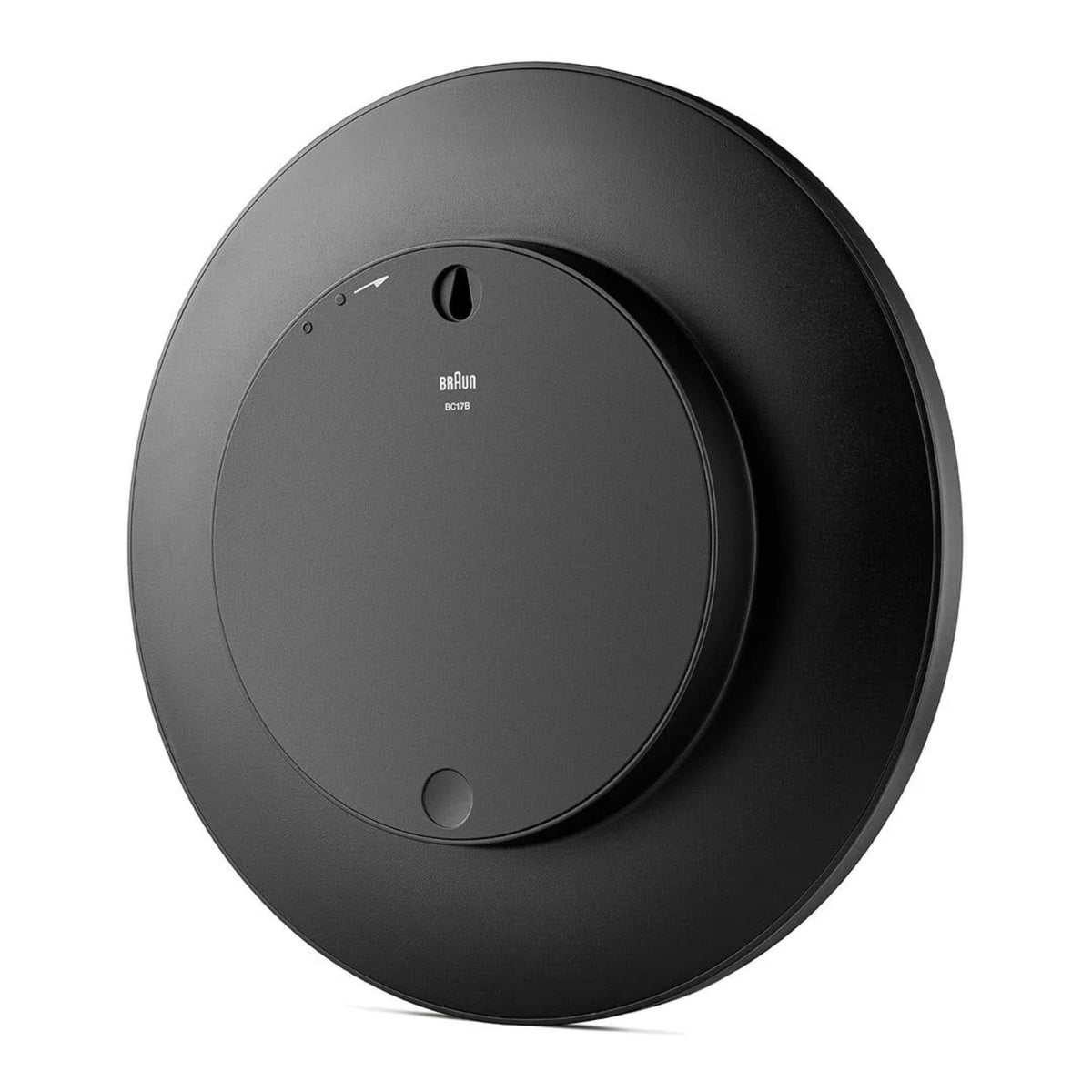 Black round wall clock with inset dial and slender hour and minute hands
