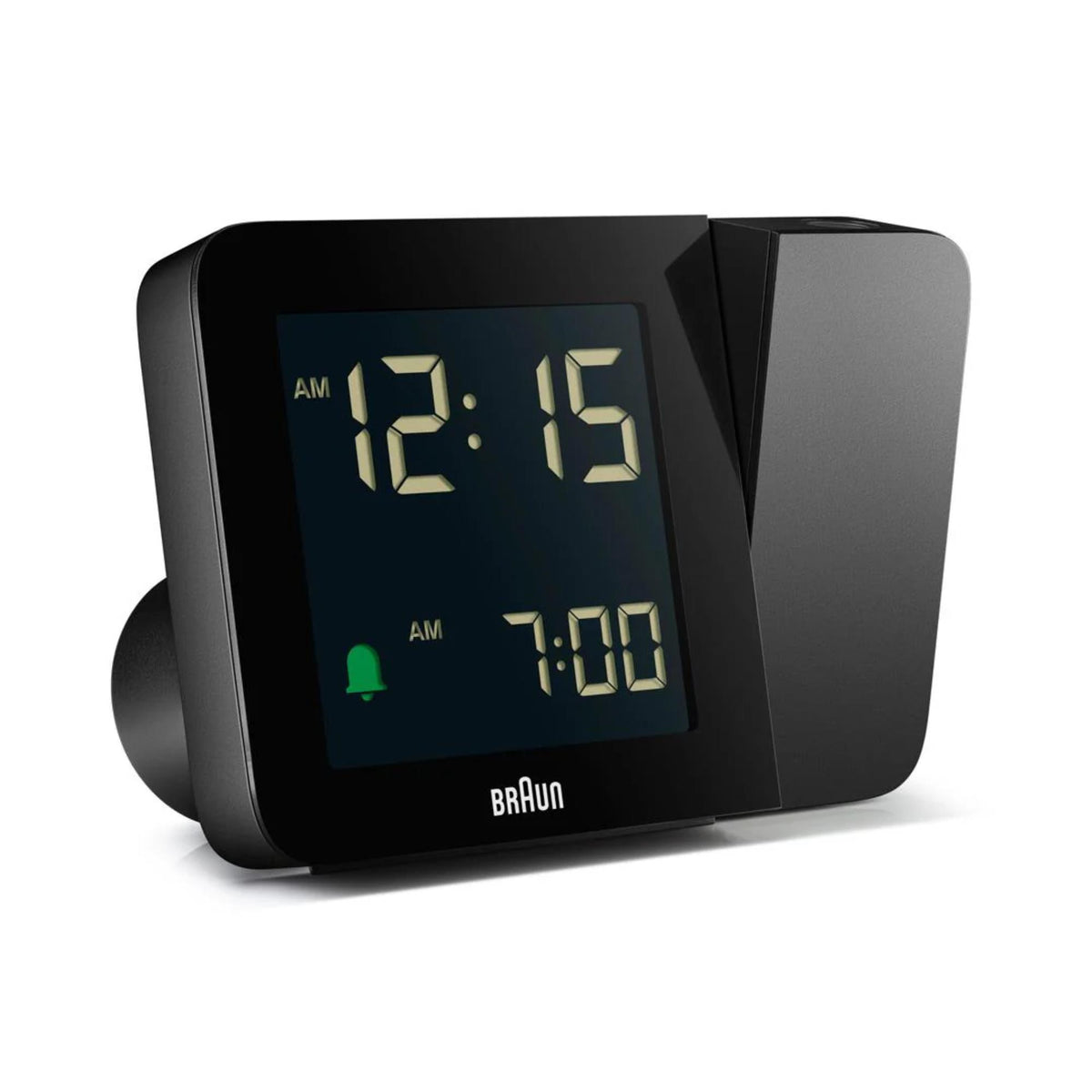 Braun digital projection alarm clock showing yellow time 12:56 and 7:00 on screen
