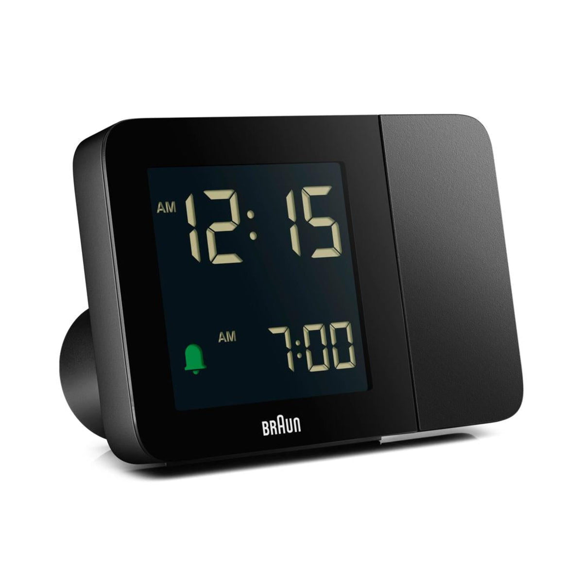 Braun digital projection alarm clock in black with yellow LCD time display