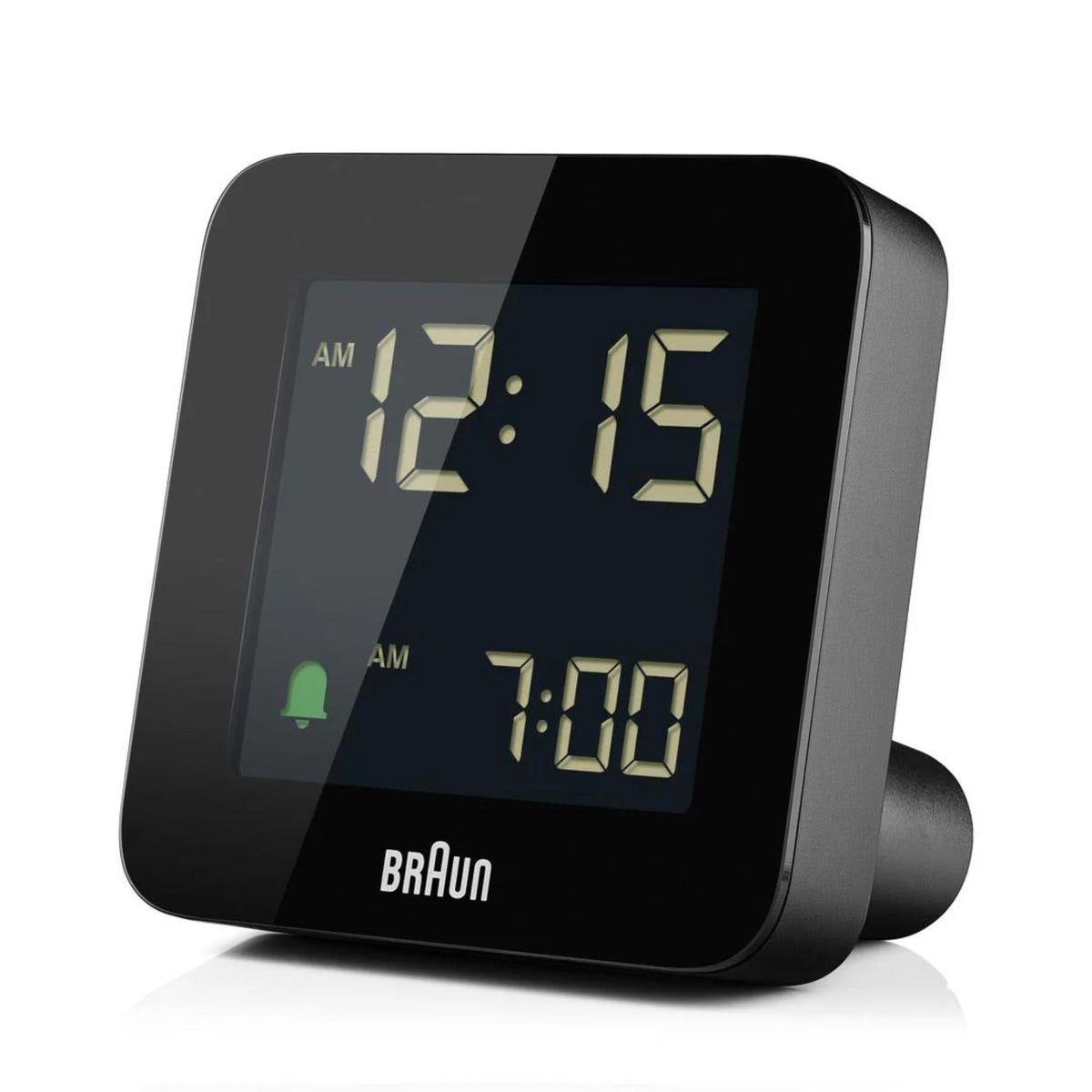 Braun digital alarm clock, black, blue LED screen showing time and 7:00, bell icon