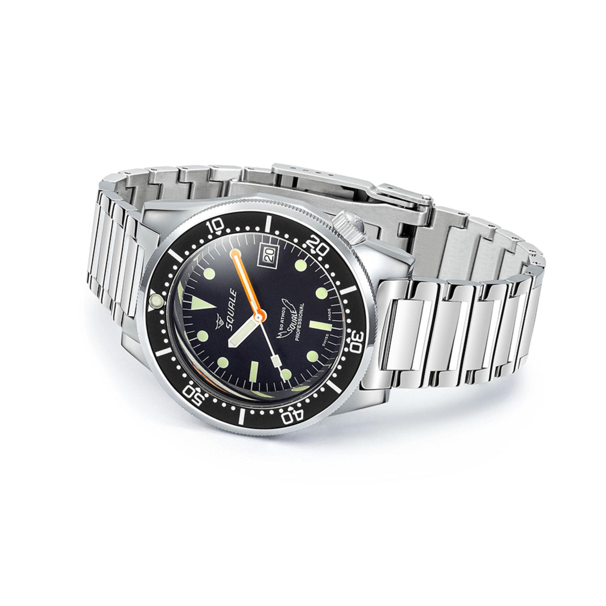 Men's steel bracelet diver watch, black dial with orange seconds hand and green lumed plots