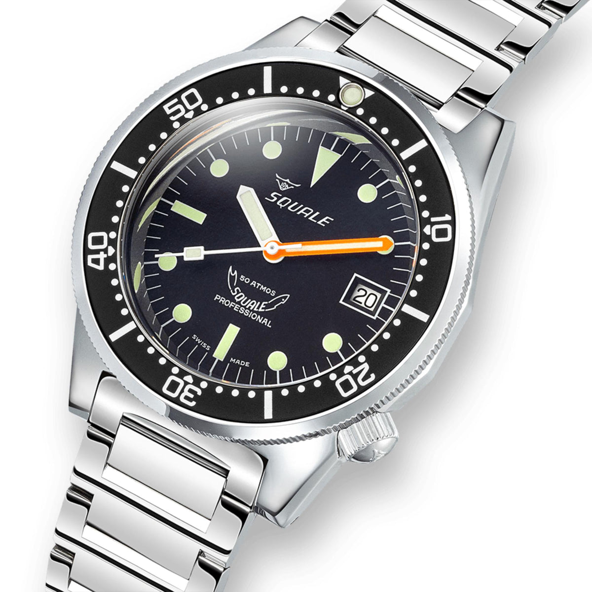 Men's diver watch close-up, black dial with SQUALE logo, orange seconds hand, date at 20
