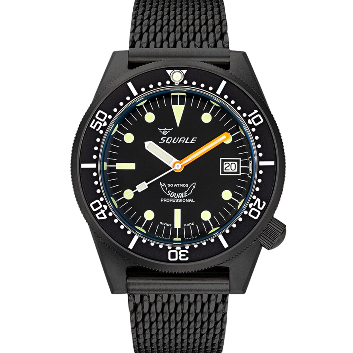 Men's black PVD watch front view, dark dial with green lume and orange center seconds hand